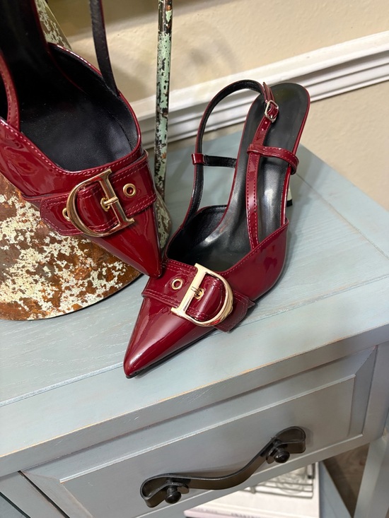 The Unbranded Brand Shoes - Designer Inspired Patent Pointed-Toe Slingback Heels with Gold Buckle